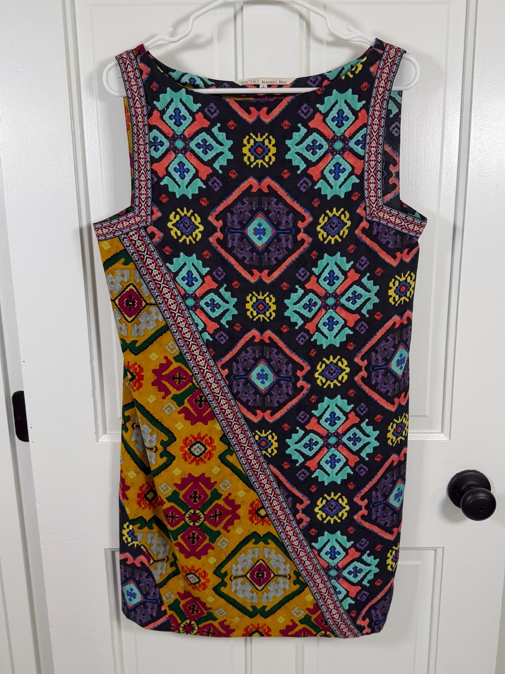 RACHEL Rachel Roy Mixed Print Boho Sleeveless Mini Shift Dress Large